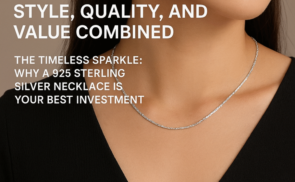 Close-up of a woman wearing a delicate 925 sterling silver necklace on a black top, showcasing its timeless sparkle and quality.