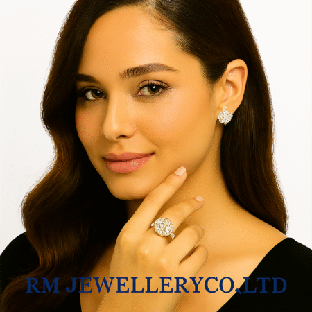 "Close-up of a woman wearing a large, ornate cluster ring featuring a central white stone surrounded by smaller accent stones on her ring finger. She is also wearing matching stud earrings. The image has the 'RM JEWELLERY CO., LTD' watermark."