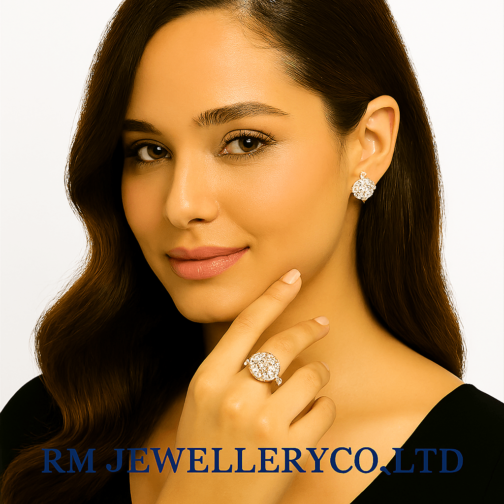 "Close-up of a woman wearing a large, ornate cluster ring featuring a central white stone surrounded by smaller accent stones on her ring finger. She is also wearing matching stud earrings. The image has the 'RM JEWELLERY CO., LTD' watermark."