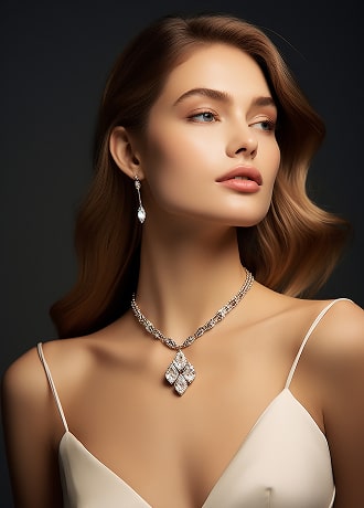 "A beautiful woman with wavy blonde hair and soft makeup, wearing a delicate diamond pendant necklace and matching drop earrings against a dark gray background."
