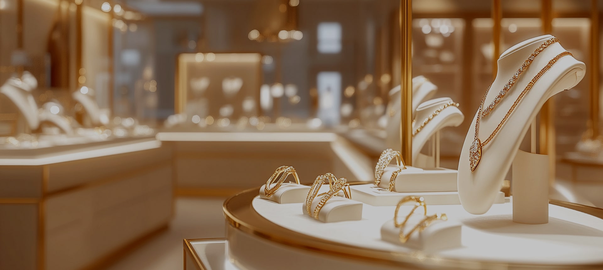 Luxury jewelry store display featuring gold diamond necklaces and rings on velvet mannequins in warm, upscale lighting.