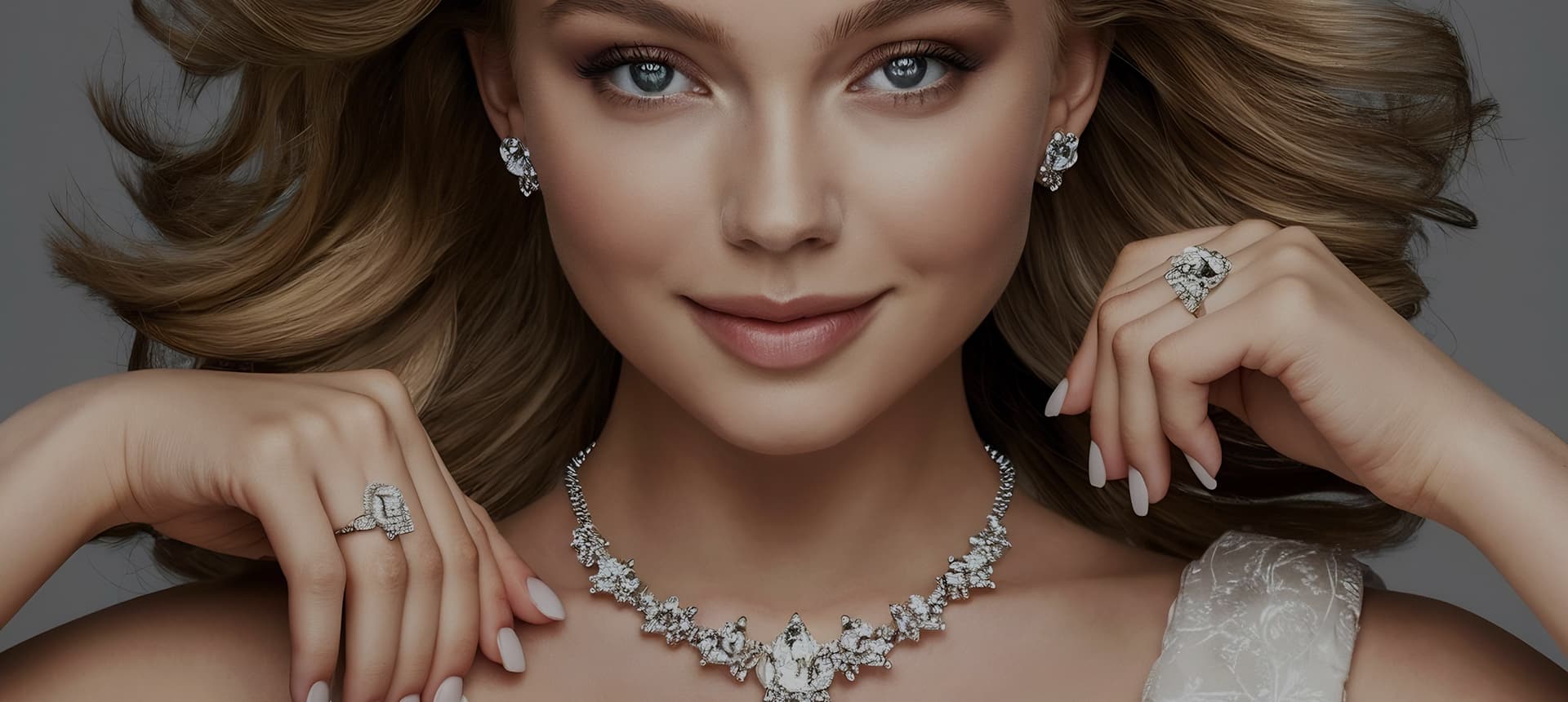 Close-up of a blonde model wearing an elaborate diamond floral-cluster necklace, matching stud earrings, and large diamond rings.
